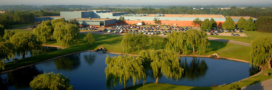 Aerial view of foundry and cooling pond
